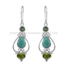 Peridot Green Amethyst & TibetanTurquoise Gemstone With Sterling Silver Designer Dangle Earrings